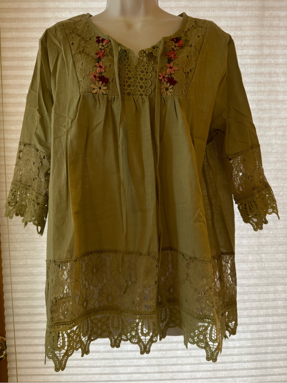 Women's Olive Green Embroidered Lace Tunic Top